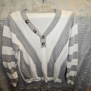 Womens Striped V Neck Button Accent Knit Sweater Large Grey White Casual